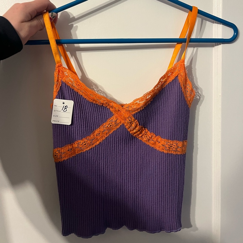 Urban outfitters purple tank top with orange lace trim
